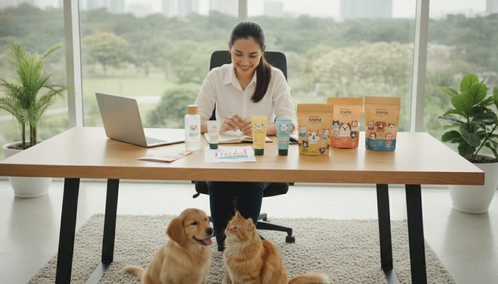 Pemilik brand mendiskusikan cara membuat brand pet care sendiri bersama sampel produk perawatan hewan