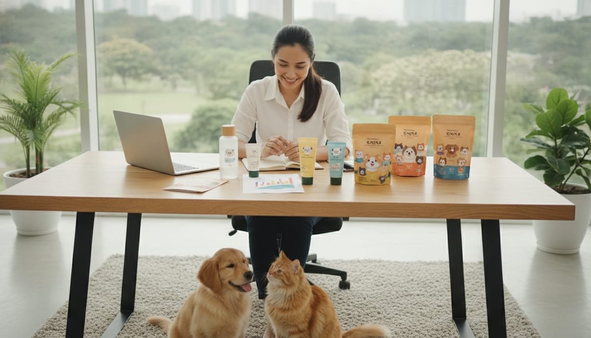 Pemilik brand mendiskusikan cara membuat brand pet care sendiri bersama sampel produk perawatan hewan