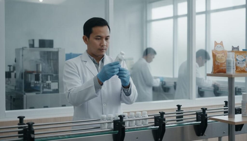 Proses produksi maklon vitamin kucing di fasilitas produksi yang terstandar