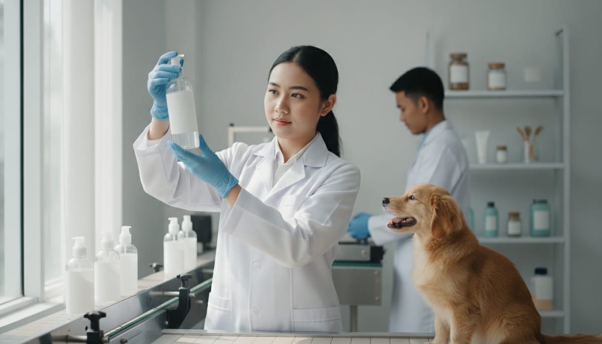 Proses produksi maklon shampoo anjing di fasilitas produksi terstandar