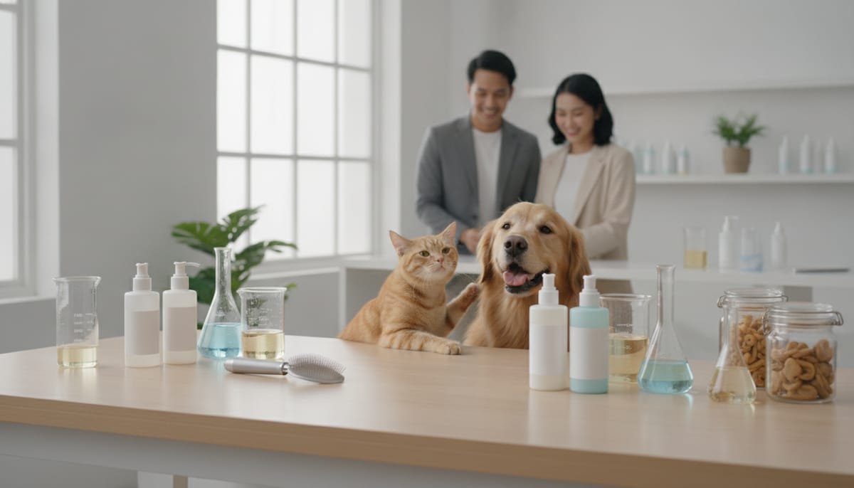 Proses maklon shampoo kucing dengan botol kemasan dan peralatan formulasi di laboratorium