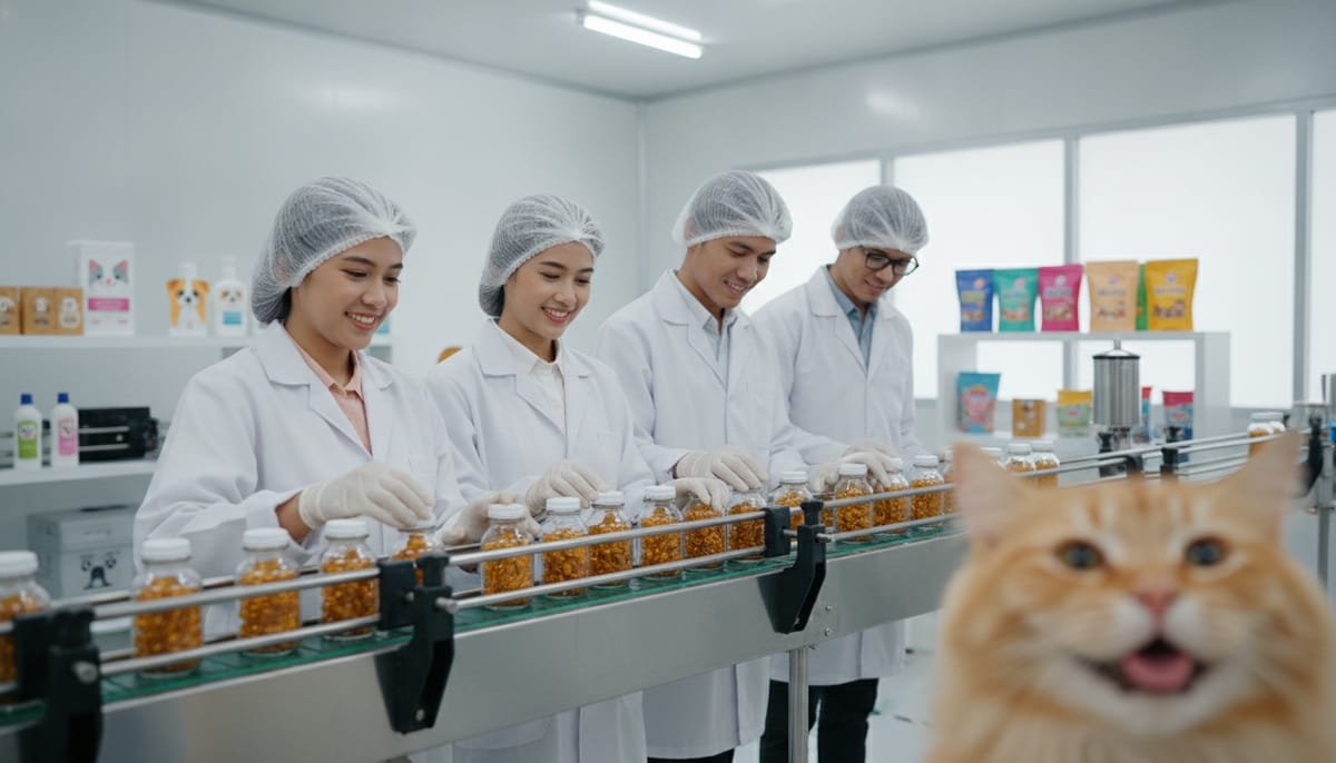 Proses produksi maklon suplemen hewan peliharaan di fasilitas produksi yang terstandar