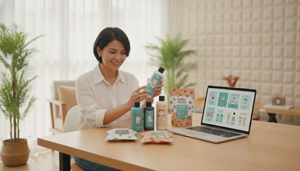 Pemilik bisnis mengevaluasi peluang bisnis pet care di Indonesia melalui sampel produk perawatan hewan