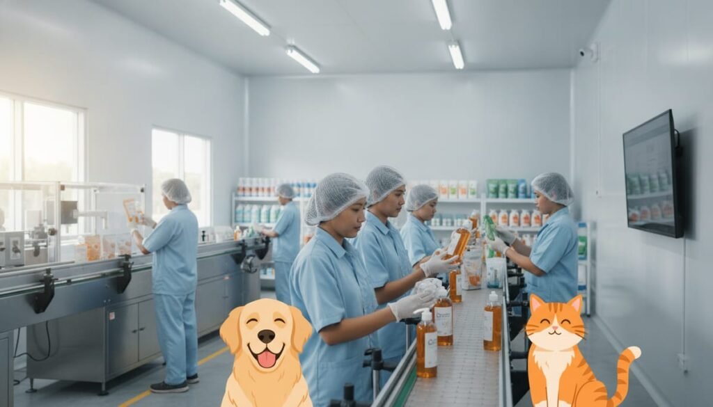 Proses maklon produk hewan peliharaan di fasilitas produksi yang terstandar dan konsisten