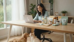 Pemilik brand menyusun strategi pemasaran produk pet care di meja kerja dengan contoh produk perawatan hewan